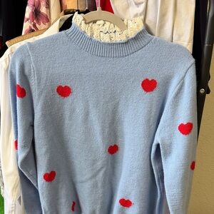 Chic Blue Sweater with Red Heart Accents